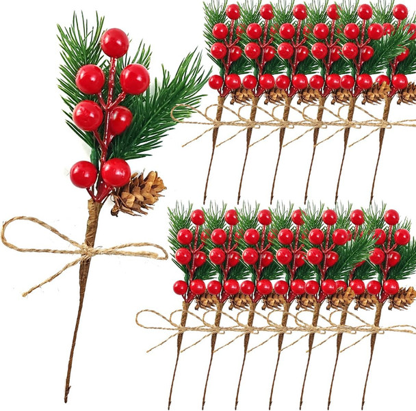 TIHOOD 20PCS 8inch Pine Cone Red Berry Picks Stems Crafts Branch Christmas Wreath, Holly Artificial Evergreen Branches Tiny Pine Cones Picks Décor Floral Picks for Christmas Flower Wreaths DIY