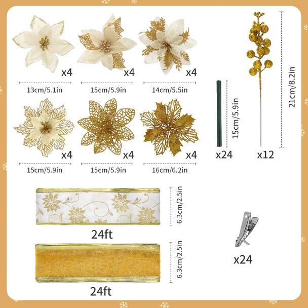 38Pcs Gold Christmas Decorations Set Include 24Pcs Artificial Christmas Flowers, Clamp and Stem, 12Pcs Holly Berry Stems, 2Pcs Ribbon, Poinsettia Christmas Tree Picks for Wreaths Garland Decor