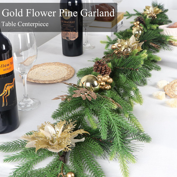 Norfolk Pine Garlands with Gold Flowers, 6Ft Artificial Christmas Pine Garland, Real Touch Greenery Garland for Table, Mantle, Staires, Premium Indoor/Outdoor Christmas Decorations.