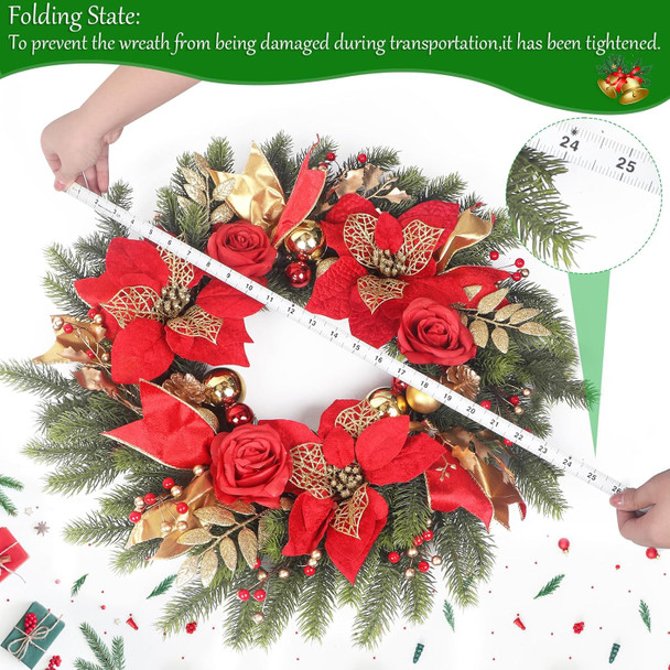 Christmas Wreaths for Front Door,24in Winter Wreaths for Indoor and Outdoor Christmas Decorations,Christmas Door Wreath with Red Christmas Flowers and Golden Ball,Pine Cones,Leaves for Christmas Decor