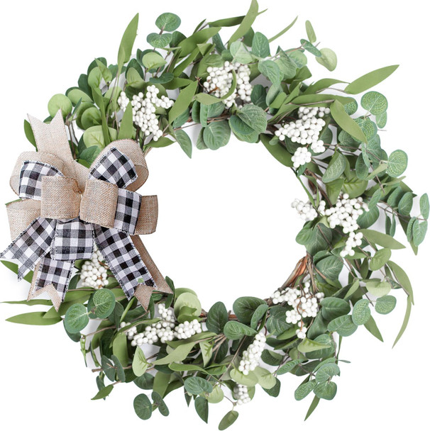 Artificial Eucalyptus Wreath for Front Door20" Green Leaf Wreath for Window Home Porch Farmhouse Patio and Garden Indoor Outdoor Decor with Bow for Spring Summer Fall Winter