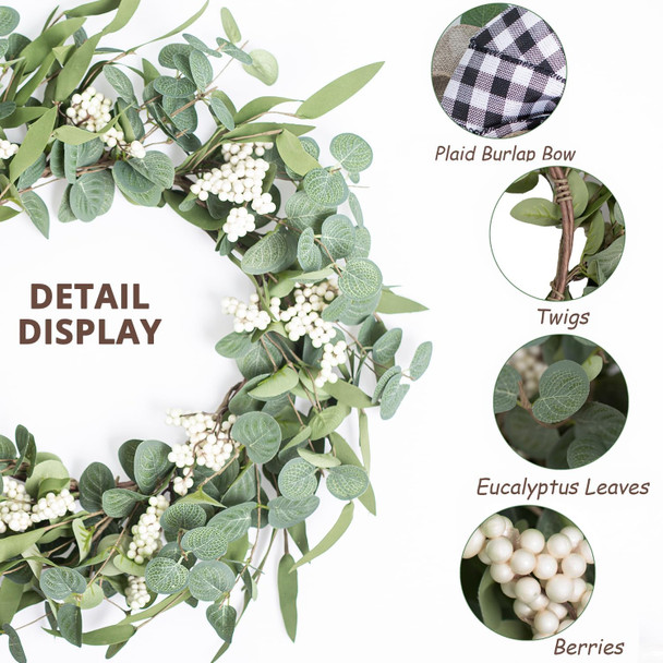 Artificial Eucalyptus Wreath for Front Door20" Green Leaf Wreath for Window Home Porch Farmhouse Patio and Garden Indoor Outdoor Decor with Bow for Spring Summer Fall Winter