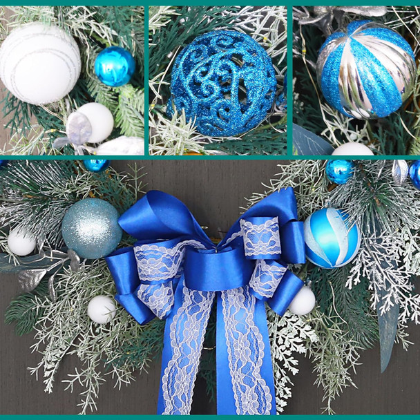 Prelit Christmas Wreath with Blue Bow and Ball Ornaments 22 Inch Christmas Wreath with Lights for Front Door Battery Operated Timer 40 LED Lights, Holiday Decoration for Fireplace Xmas Decor