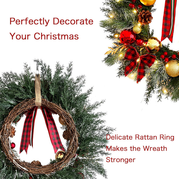 Christmas Wreath with Lights 20 Inch Pre-Lit Christmas Door Wreath for Front Door with Red Plaid Bow and Ball Ornaments, Battery Operated Timer 40 LED Lights, Holiday Decoration for Fireplace Xmas
