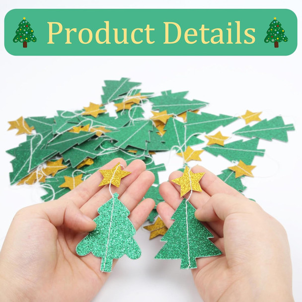 40 Feet Green Christmas Tree Garland Glitter Star Garland Paper Banner Hanging Party Supplies, Christmas Ceiling Hanging Decorations for Baby Shower Birthday Party Decorations Christmas Year
