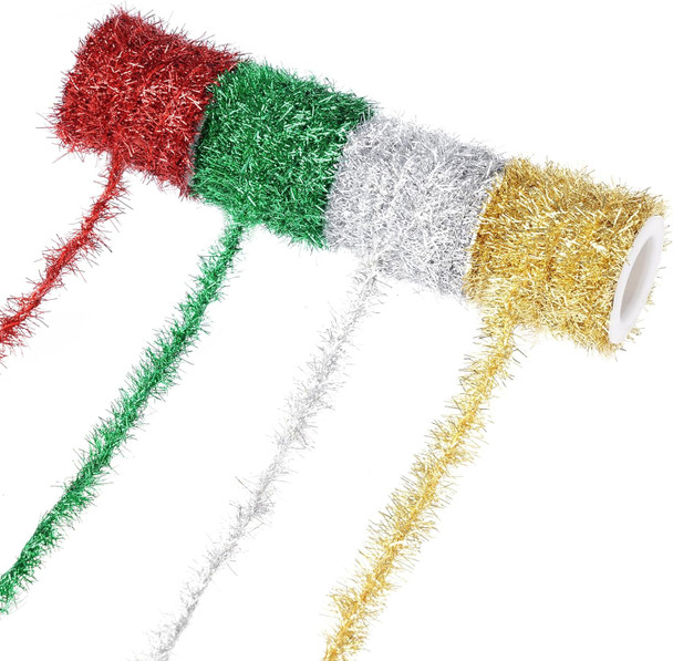 Tongcloud 4 Rolls Christmas Tinsel Ribbon Metallic Garland Tinsel Garland Christmas Metallic Tinsel Ribbon Glitter Tinsel Ribbon for Christmas (Gold, red, green, Silver, 19.6feetx0.7inches)