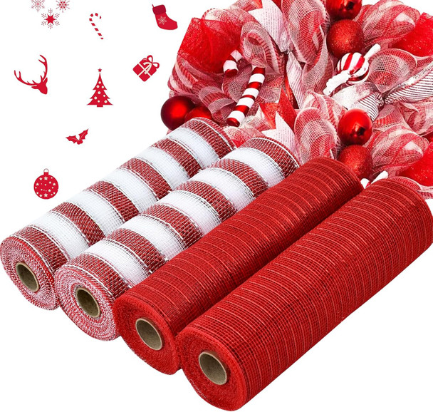 TONIFUL 4 Roll 10 Inch Red Striped Decorative Mesh Ribbon Rolls, Fabric Mesh with Foil for Wreaths Front Door Decor Christmas Festival Party Accessories Party Decoration Supplies (10yds/roll) TONIFUL 4 Roll 10 Inch Red Striped Decorative Mesh Ribbon Rolls, Fabric Mesh with Foil for Wreaths Front Door Decor Christmas Festival Party Accessories Party Decoration Supplies (10yds/roll)
