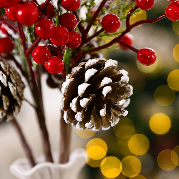 Topotdor Christmas Red Berries Stems Floral Picks, 16 Inch Artificial Pine Branches with Red Berries and Pine Cones for DIY Christmas Garland Wreath Crafts, 6PCS