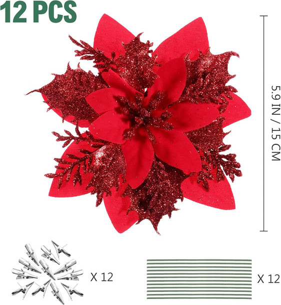 TOYANDONA 12pcs Christmas Glitter Poinsettia Flowers, Artificial Poinsettia Flowers Red Christmas Tree Ornaments with Stems and Clips for Christmas Wreath Wedding Decorations