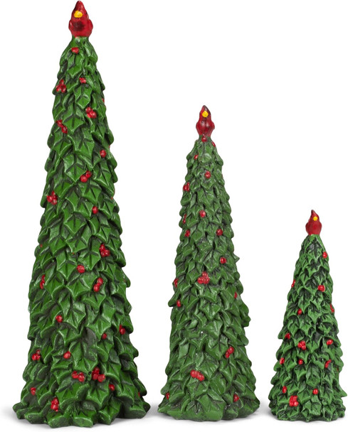 Set of 3 Sculpted Resin Holly Christmas Trees with Red Cardinals and Berries, 6, 9 and 12 Inches High