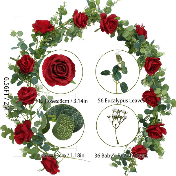 6.56FT Artificial Eucalyptus Garland with 12 Burgundy Roses Faux Greenery Garland Rose Vine for Halloween Christmas Wedding Backdrop Table Runner DIY Wreath Wall Decor