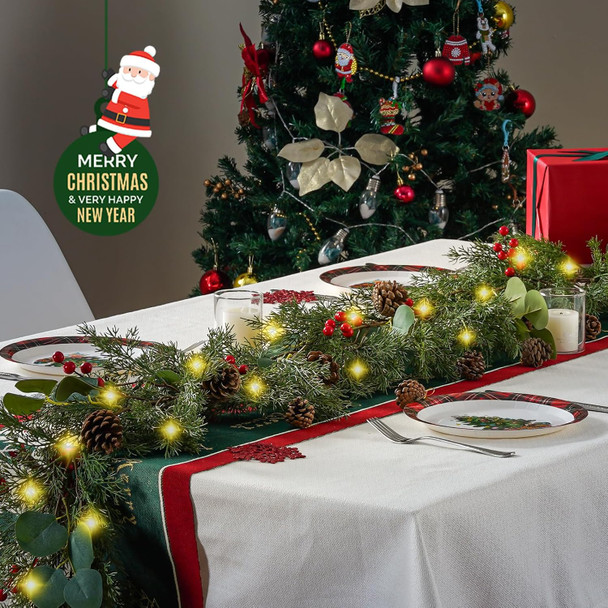 Christmas Garland Greenery Cypress Cedar Red Berry Realistic Garland Wreaths Swags Eucalyptus Leaves Pine Cone Tree Decor Stairs Indoor Outdoor Winter Seasonal Artificial 5.7FT 128 Branch Tips