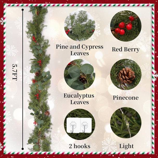 Christmas Garland Greenery Cypress Cedar Red Berry Realistic Garland Wreaths Swags Eucalyptus Leaves Pine Cone Tree Decor Stairs Indoor Outdoor Winter Seasonal Artificial 5.7FT 128 Branch Tips