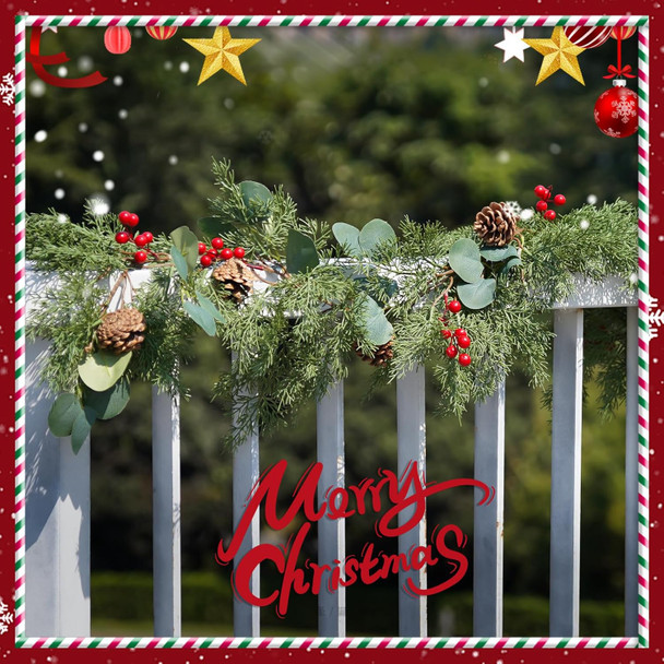 Christmas Garland Greenery Cypress Cedar Red Berry Realistic Garland Wreaths Swags Eucalyptus Leaves Pine Cone Tree Decor Stairs Indoor Outdoor Winter Seasonal Artificial 5.7FT 128 Branch Tips