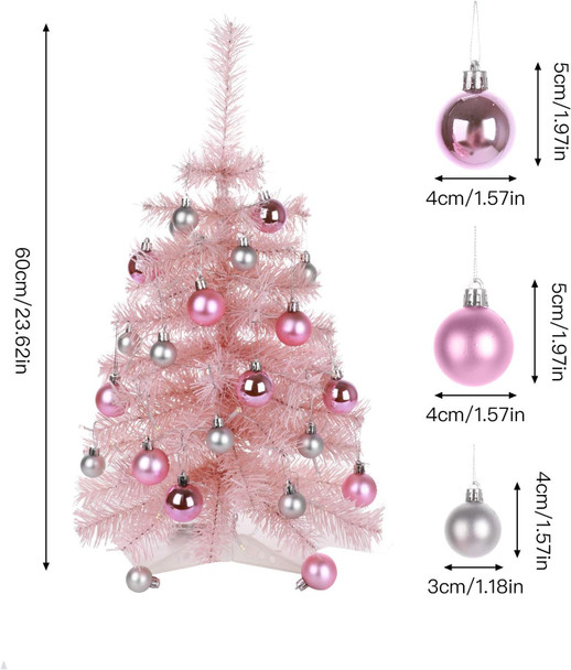 Tabletop Christmas Tree with Lights, Small Pink Christmas Tree Artificial Christmas Pine Tree for Home Kitchen Dining Table Decoration