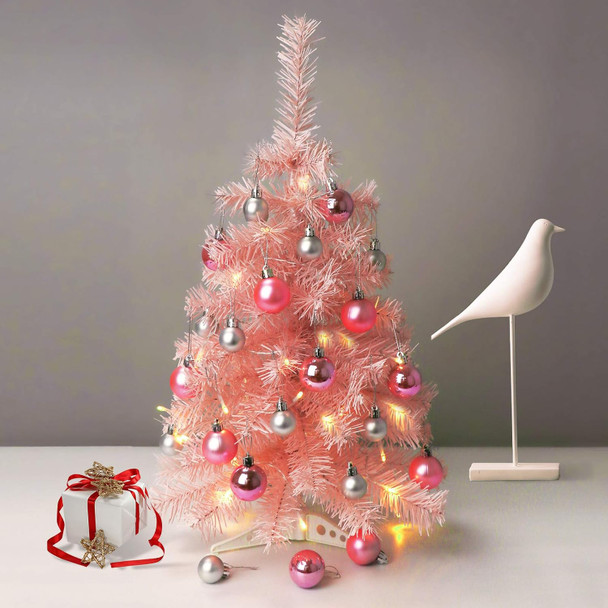 Tabletop Christmas Tree with Lights, Small Pink Christmas Tree Artificial Christmas Pine Tree for Home Kitchen Dining Table Decoration