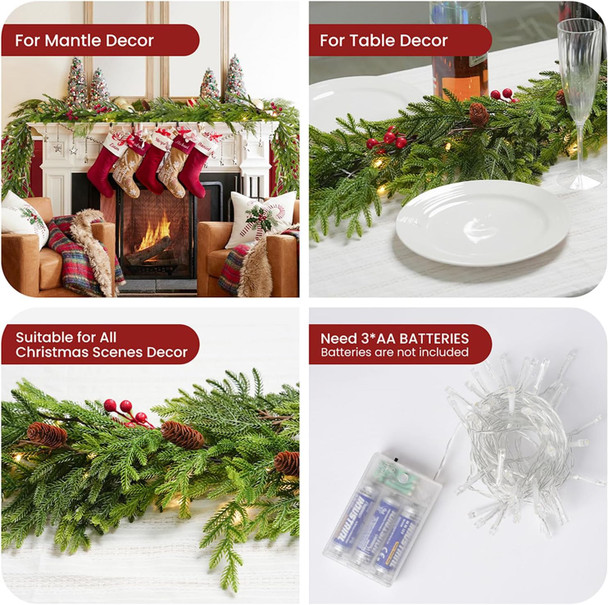 Christmas Norfolk Pine Garland,9Ft Real Touch Norfolk Pine Garland, Artificial Pine Greenery Christmas Garlands for Table Fireplace Wall Home Indoor Outdoor Decoration