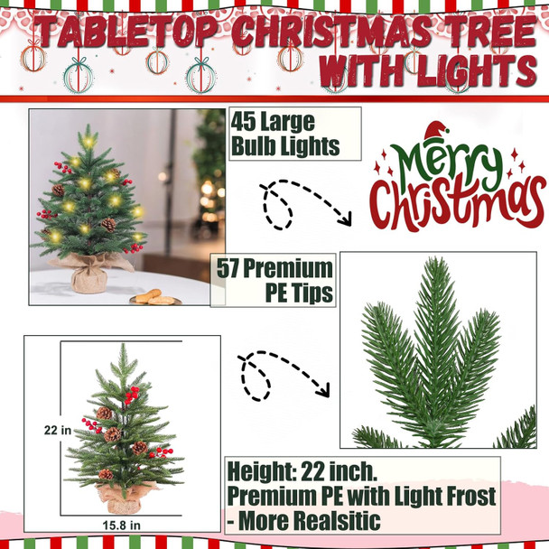 Small Christmas Tree with Lights Tabletop Christmas Tree with 57 PE Tips, 8 Pinecones, 8 Berries, 45 Lights Fluffy Pre-Decorated 2ft Xmas Tree - Add Festival Touch Green Mini Christmas Tree