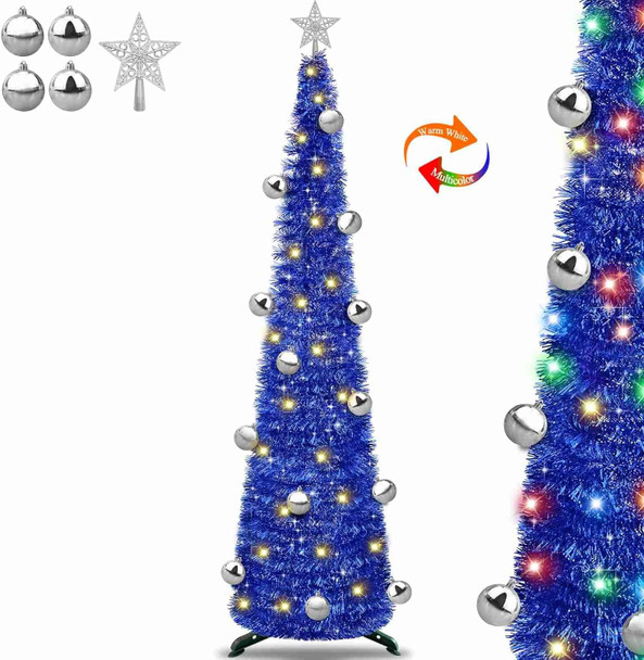 6 Feet Tall Artificial Pencil Slim Pop Up Christmas Tree Blue with Timer 8 Modes 100 Warm White & Multicolored Lights 30 Ball Ornament 3D Star Collapsible Sequins Tinsel Tree for Xmas Decor Indoor