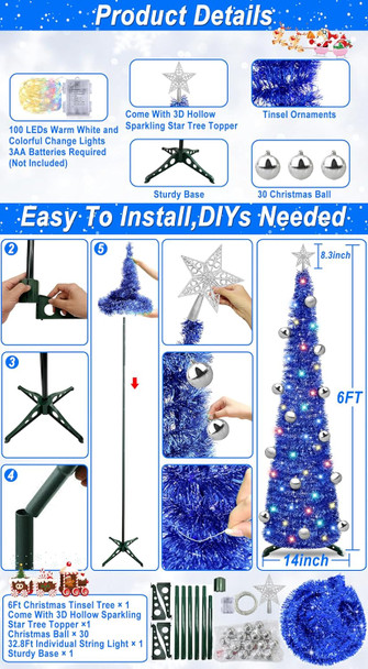 6 Feet Tall Artificial Pencil Slim Pop Up Christmas Tree Blue with Timer 8 Modes 100 Warm White & Multicolored Lights 30 Ball Ornament 3D Star Collapsible Sequins Tinsel Tree for Xmas Decor Indoor