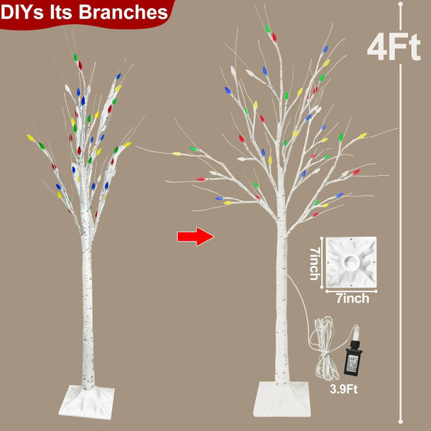 TURNMEON Artificial Christmas Tree, 4 Ft Lighted Birches Tree, Prelit 48 Multicolor Lights, White Twig Adjustable Branches, Waterproof, Xmas Decor for Indoor Outdoor Use, Party Fireplace Wedding Home