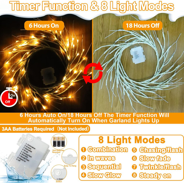 TURNMEON 6Ft 54 LED Lighted Birch Garland Prelit Branches with Timer 8 Modes Warm White Lights Battery Operated Prelit Twig Vine Garland for Mantle Fireplace Table Christmas Decorations Indoor Outdoor