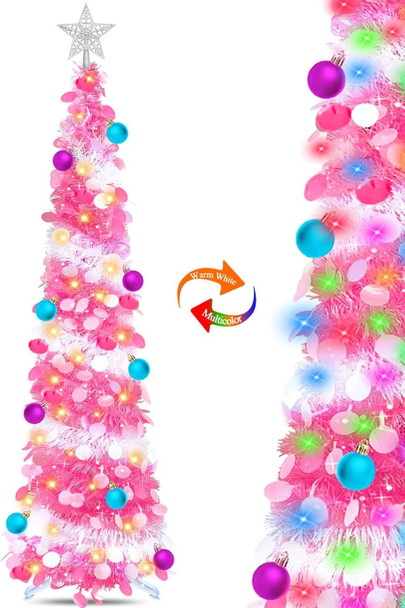 TURNMEON 5 Ft Pop Up Christmas Tree Dual Color Change Lights Ball Ornaments Star Sequin Pink Tinsel Christmas Tree 8 Mode Timer Warm White Colorful Battery Operated Holiday Xmas Decoration Indoor