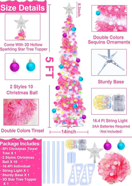 TURNMEON 5 Ft Pop Up Christmas Tree Dual Color Change Lights Ball Ornaments Star Sequin Pink Tinsel Christmas Tree 8 Mode Timer Warm White Colorful Battery Operated Holiday Xmas Decoration Indoor
