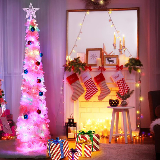 TURNMEON 5 Ft Pop Up Christmas Tree Dual Color Change Lights Ball Ornaments Star Sequin Pink Tinsel Christmas Tree 8 Mode Timer Warm White Colorful Battery Operated Holiday Xmas Decoration Indoor