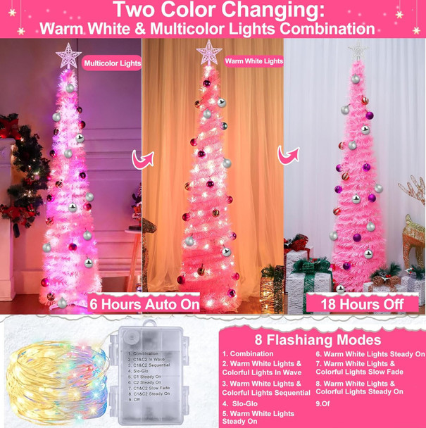 5 Ft Pop Up Christmas Tree Tinsel with 50 Color Lights Timer 3D Star 25 Balls Battery Operated Pencil Slim Artificial Tree Holiday Party Christmas Decoration Home Indoor Outdoor (Pink)