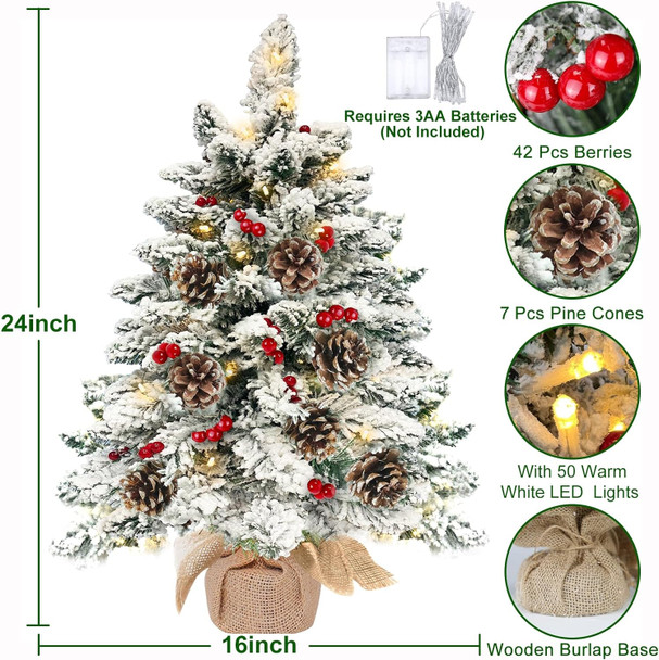 24 Inch Flocked Christmas Tree with 30 Warm Lights Timer, Mini Tabletop Christmas Tree Battery Operated 42 Red Berry Pinecone Burlap Base Small Christmas Tree Xmas Christmas Decorations Indoor Home