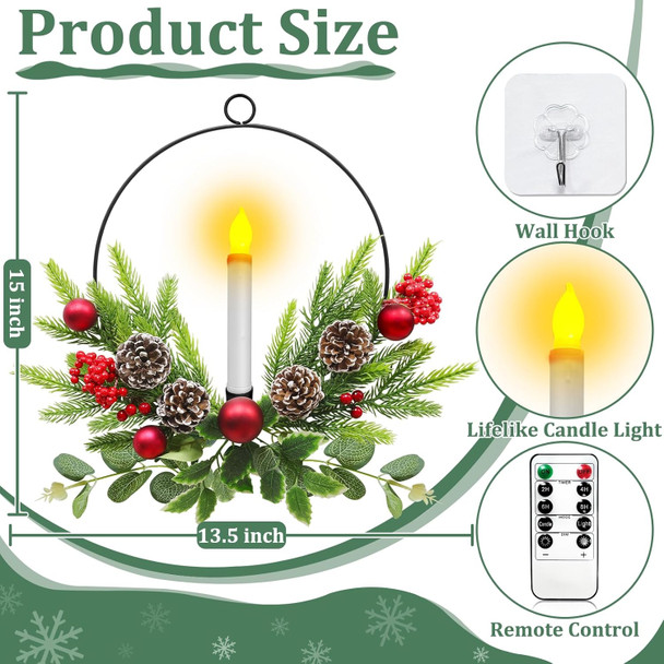TURNMEON 15 Inch Christmas Front Door Wreaths with LED Candles & Timer Remote, Xmas Wreath with Xmas Ball Pinecone Red Berry Battery Operated Light up Christmas Window Mantel Holiday Home Decorations