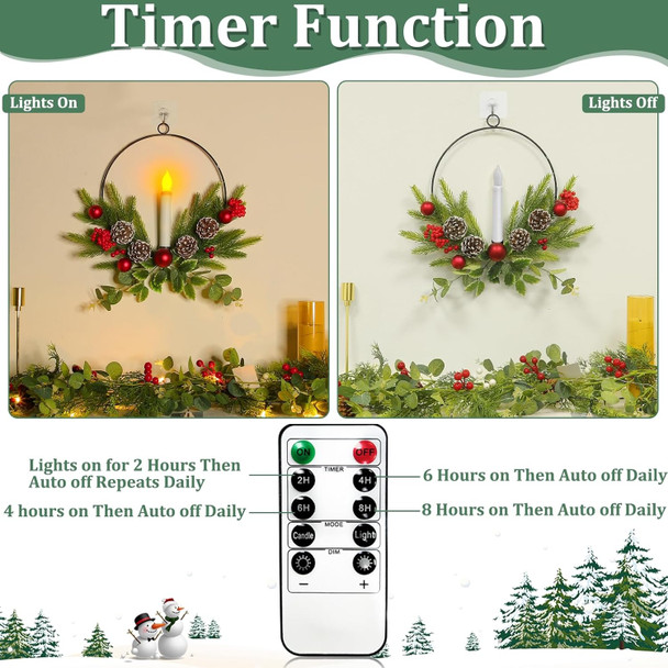 TURNMEON 15 Inch Christmas Front Door Wreaths with LED Candles & Timer Remote, Xmas Wreath with Xmas Ball Pinecone Red Berry Battery Operated Light up Christmas Window Mantel Holiday Home Decorations