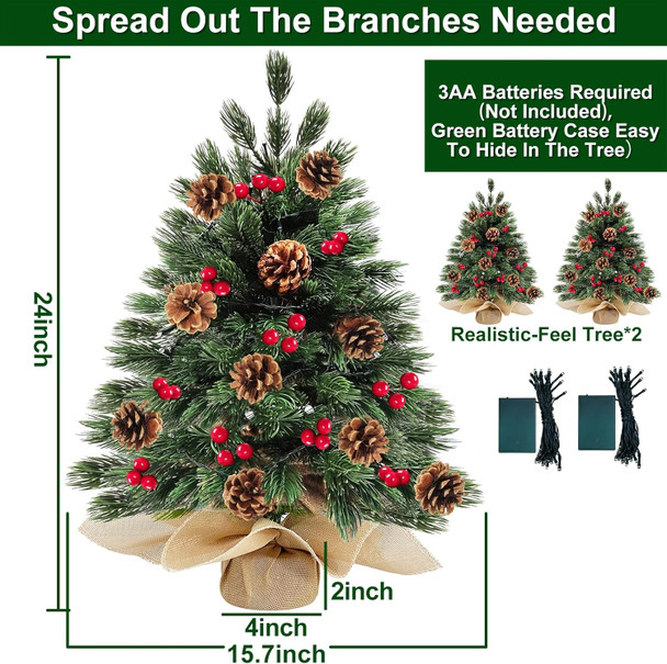 2 Pack 24''/2FT Realistic-Feel PE Thick Small Artificial Christmas Tree Tabletop Decor 40 Lights Timer Battery Operated Cedar Norfolk Pine 20 Pinecones 60 Red Berry Mini Xmas Tree Indoor Table Home