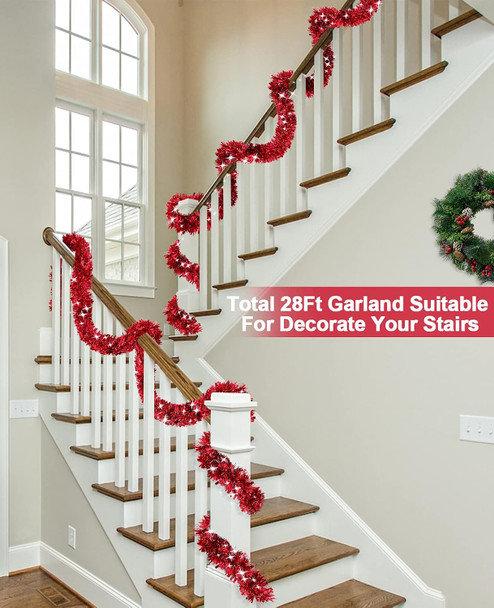 [ 4 String Total 28 Ft ] Valentines Day Red Tinsel Garlands Valentines Red Tree Garland Thick Thin Metallic Streamers Xmas Garland Christmas Decor Home Indoor Outdoor Party Supplies, Each 7Ft by 3.5"
