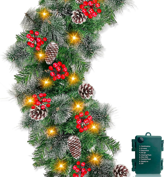 6 Ft by 10 Inch Pre-lit Artificial Christmas Garland 30 Warm Lights Timer 8 Modes Battery Powered 170 Branch Snowy Bristle Pine 132 Red Berries 12 Pinecone Xmas Decoration Indoor Home Mantle Fireplace