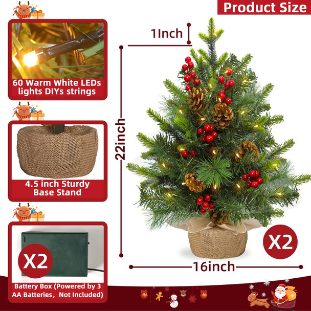 2 Pack 22 Inch Table top Christmas Tree with 60 LED Lights Timer, Realistic-Feel PE Artificial Small Christmas Trees Warm White Lights Pine Cones Red Berried, Xmas Mini Tree for Indoor Home Holiday