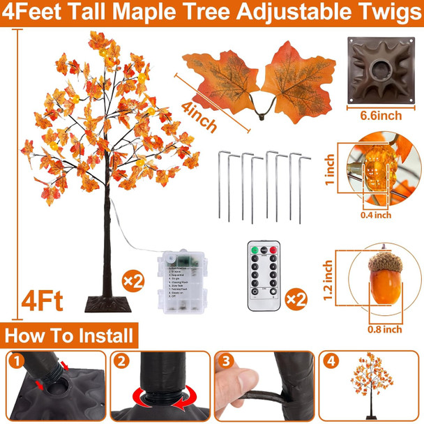 TURNMEON Thanksgiving Decorations 2 Pack 4 Ft Prelit Lighted Fall Maple Tree with Remote Control Timer 3D Patented Pumpkin Lights 96LED Warm Lights 8 Modes Acorns Thanksgiving Decor Indoor Outdoor