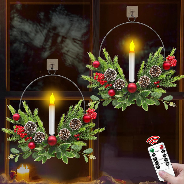 TURNMEON 2 Pack 15'' Christmas Wreaths for Front Door with LED Candles Timer Remote & Xmas Ball Pinecones Red Berries Decor, Battery Operated Lighted Xmas Wreath Decorations for Window Porch Holiday