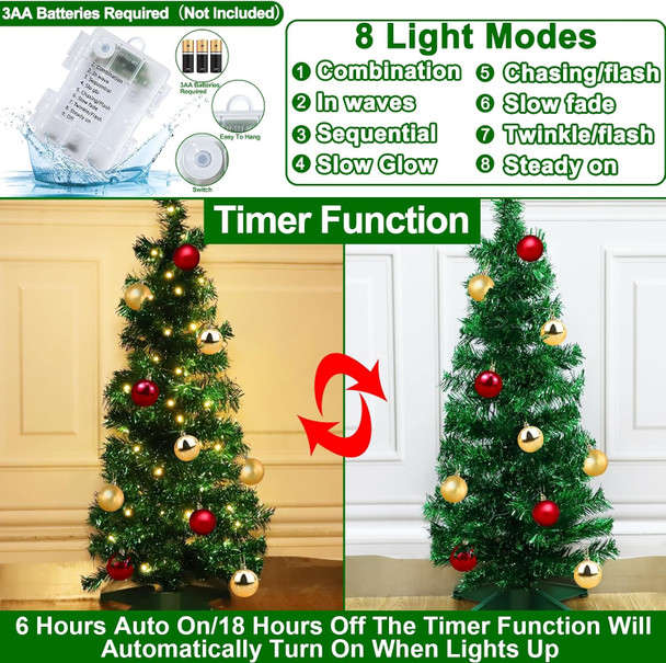 TURNMEON Remote Control 8 Modes 3 Ft Christmas Tree with Lights Timer 15 DIY Ball Ornament 50 Warm Light Battery Operated Artificial Pencil Small Tinsel Xmas Tree Holiday Decorations Home Indoor Table