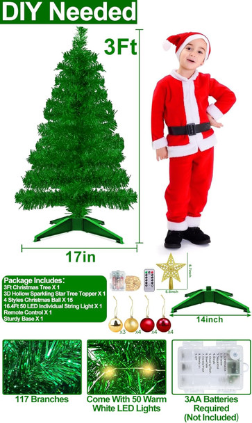 TURNMEON Remote Control 8 Modes 3 Ft Christmas Tree with Lights Timer 15 DIY Ball Ornament 50 Warm Light Battery Operated Artificial Pencil Small Tinsel Xmas Tree Holiday Decorations Home Indoor Table