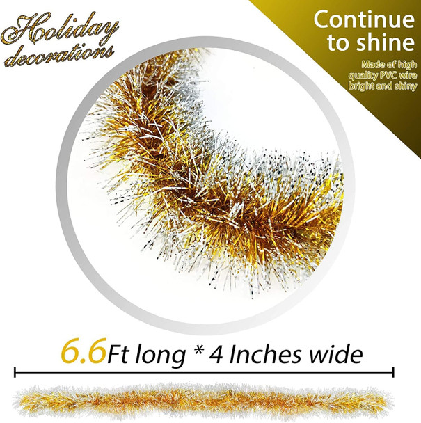 TURNMEON 5 Pack Total 33 Feet Tinsel Christmas Garland Decoration Metallic Streamers Xmas Tree Decor Holiday Xmas Party Supplies Indoor Outdoor Home Decor, Each 6.6Ft by 4Inch (Gold)