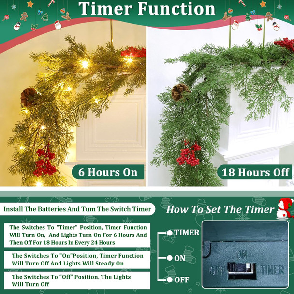 6Ft 20LED Christmas Garland - Cedar Garland - Cypress Garland Realistic-Feel PE Pine Garland Christmas Garland with Lights Timer Pinecone Berried Christmas Decoration for Mantle Fireplace Table Stairs