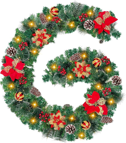 6 Ft by 10 Inch Prelit Christmas Garland with 30 Lights Timer 8 Modes 6 Poinsettia 4 Ball Ornaments 170 Branch Snowy Bristle 88 Red Berries 8 Pinecones Battery Operated Cedar Garland Home Indoor Decor