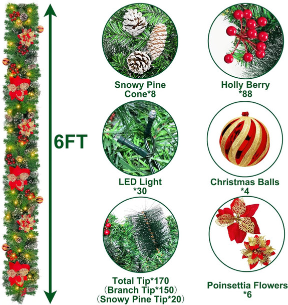 6 Ft by 10 Inch Prelit Christmas Garland with 30 Lights Timer 8 Modes 6 Poinsettia 4 Ball Ornaments 170 Branch Snowy Bristle 88 Red Berries 8 Pinecones Battery Operated Cedar Garland Home Indoor Decor