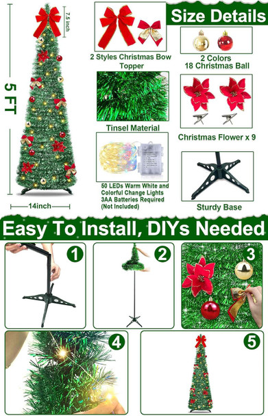 [ Timer ] 5 Ft Pop Up Christmas Tinsel Tree, Green Collapsible Christmas Tree with 50 LED Color Light 18 DIY Ball Ornaments Bowknot Boxes Battery Operated Pencil Xmas Tree Decor Indoor Home