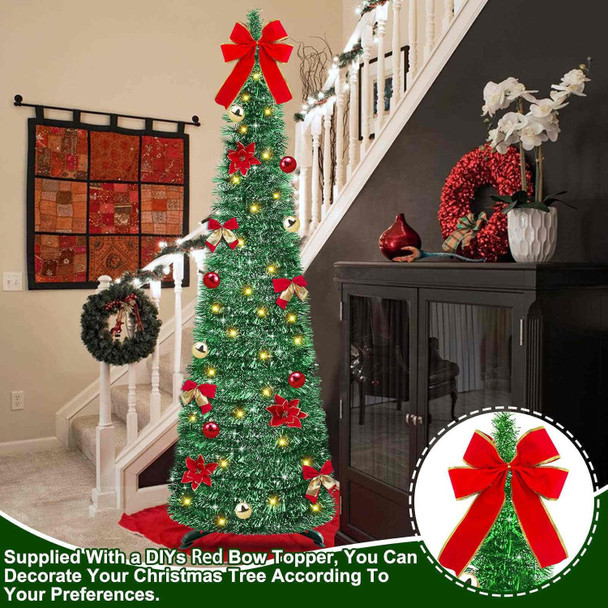 [ Timer ] 5 Ft Pop Up Christmas Tinsel Tree, Green Collapsible Christmas Tree with 50 LED Color Light 18 DIY Ball Ornaments Bowknot Boxes Battery Operated Pencil Xmas Tree Decor Indoor Home