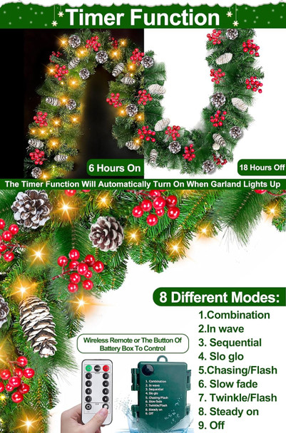 Remote Control&Timer 8 Modes-9 Ft by 10 Inch Prelit Christmas Garland Decorations 50 Warm White Lights Lighted Cedar Garland 300 Branch 198 Red Berries 18 Pinecone Mantle Xmas Garland Christmas Decor