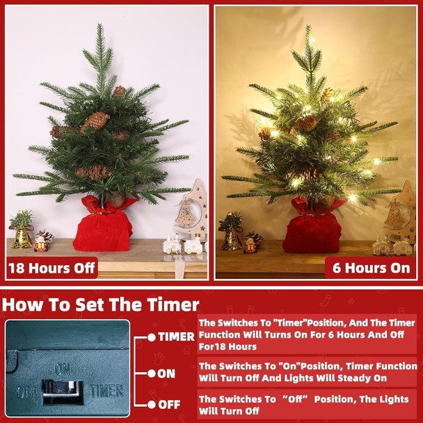 Tabletop Christmas Tree with Lights, Realistic-Feel Norfolk Pine 18 Inch Artificial Small Christmas Trees Timer 20 LED Lights Large Pine Cones, Mini Xmas Tree for Christmas Indoor Holiday Home Decor
