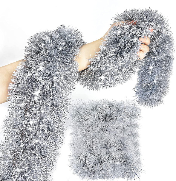 TURNMEON 5 String Total 50 Ft Tinsel Christmas Garlands Decorations White Edge Metallic Streamers Xmas Tree Decorations Indoor Outdoor Home Xmas Party Supplies, Each 10 Ft by 4 Inch(Silver)
